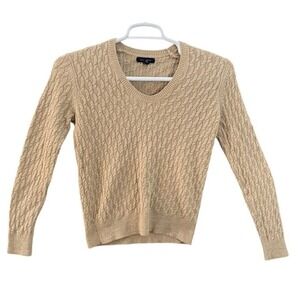 Lands End Cable Knit Sweater Beige Sparkle V Neck Long Sleeve Women's Size S